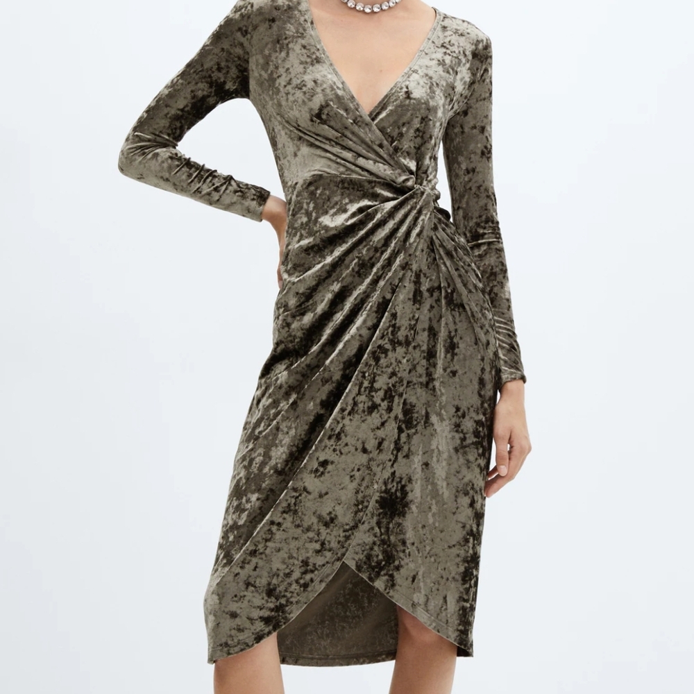 Elegant Olive Velvet Wrap Dress